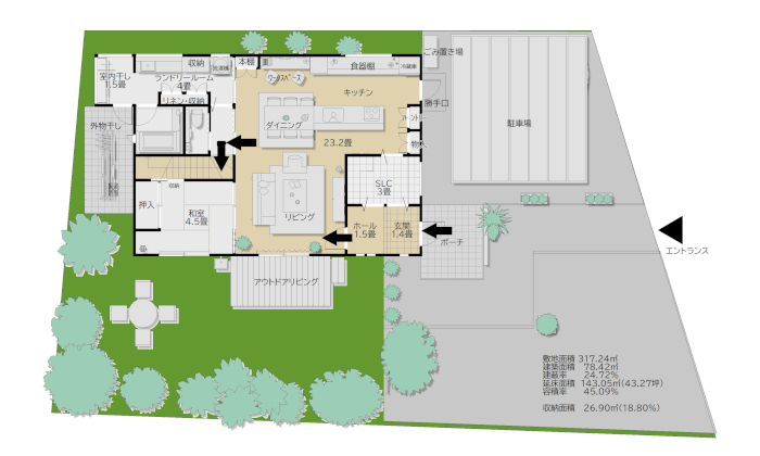 リビングを通って子ども部屋に行くタイプの間取り図